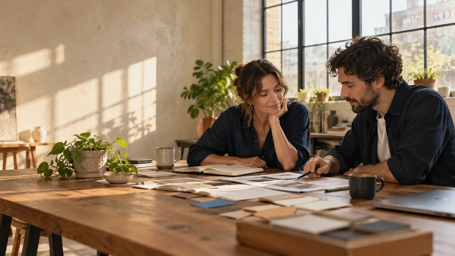 A small business owner and web designer reviewing printed website sketches together